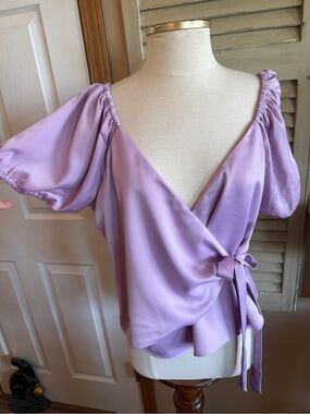 Wayf Lavender Satin Wrap Top with Puff Sleeves